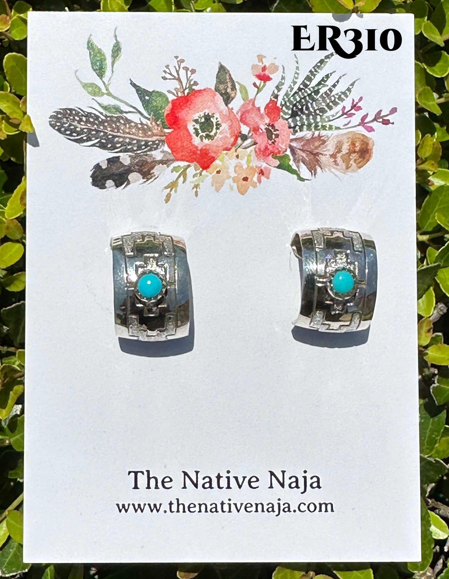 Navajo Florence Tahe Hand Stamped Sterling Silver & Turquoise Half Hoop Post Earrings ER310