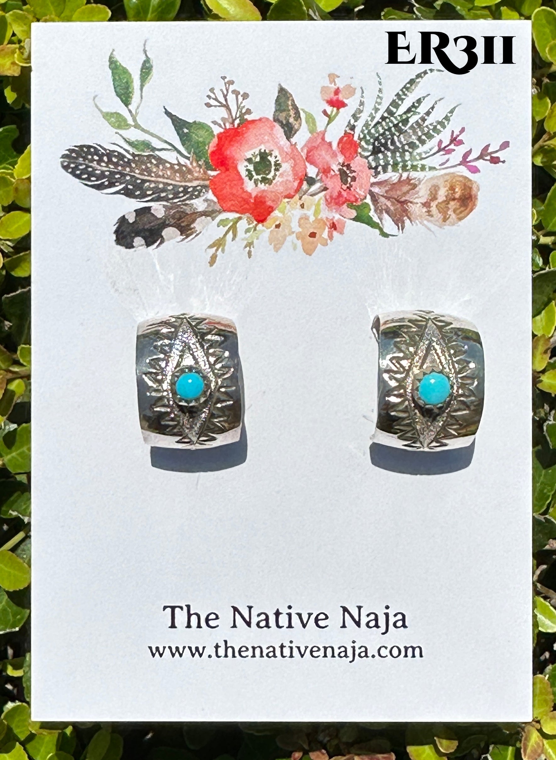 Navajo Florence Tahe Hand Stamped Sterling Silver & Turquoise Half Hoop Post Earrings ER311