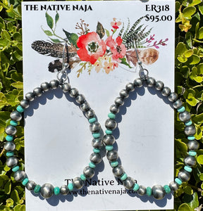 Sterling Silver Navajo Pearl & Turquoise French Hook Hoop Earrings ER318