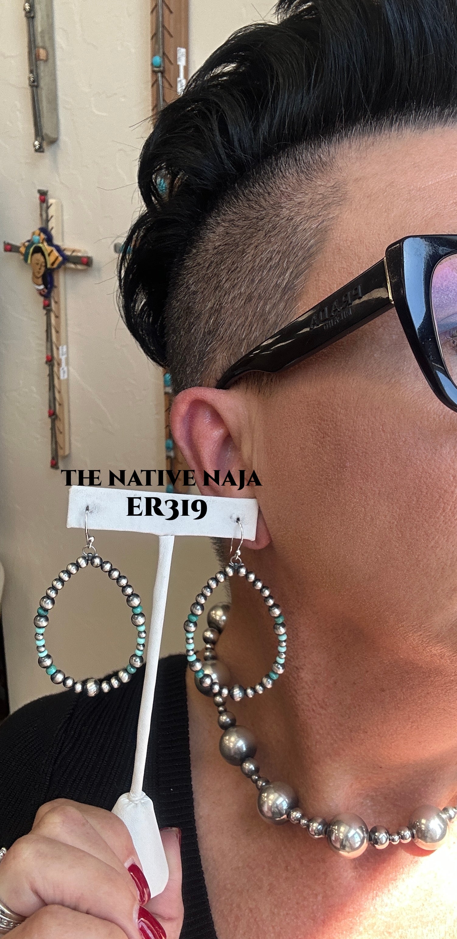 Sterling Silver Navajo Pearl & Turquoise French Hook Hoop Earrings ER319