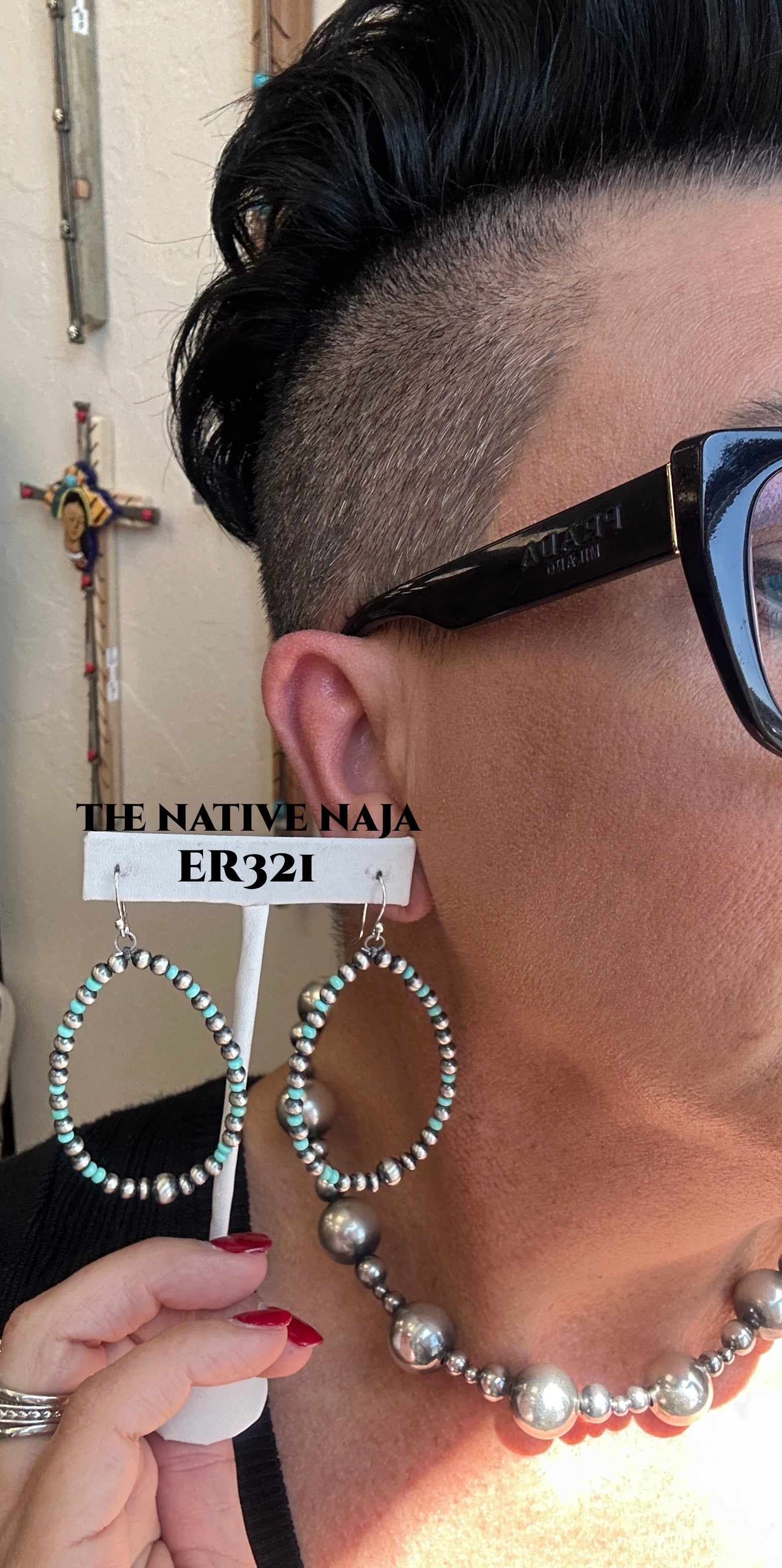 Sterling Silver Navajo Pearl & Turquoise French Hook Hoop Earrings ER321