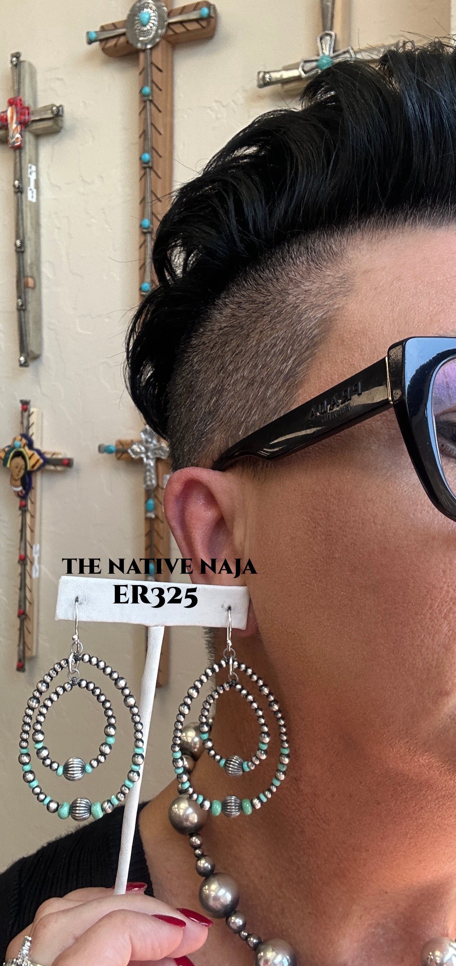 Sterling Silver Navajo Pearl & Turquoise French Hook Hoop Earrings ER325