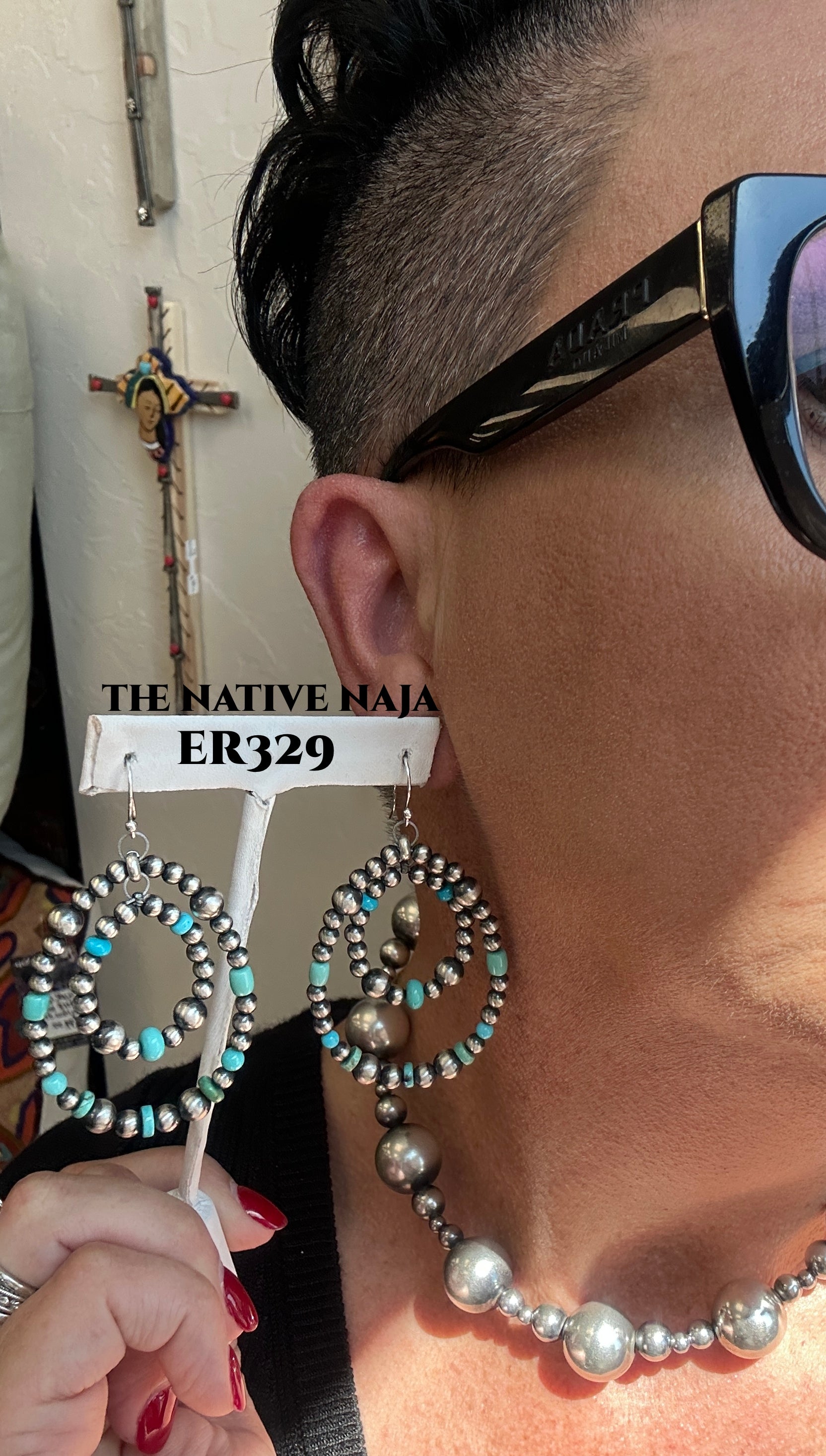 Sterling Silver Navajo Pearl & Turquoise French Hook Hoop Earrings ER329