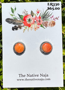 Navajo Esther White Orange Spiny Oyster & Sterling Silver Post Earrings ER330