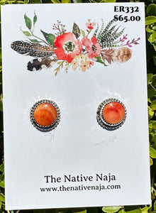 Navajo Esther White Orange Spiny Oyster & Sterling Silver Post Earrings ER332