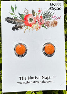 Navajo Esther White Orange Spiny Oyster & Sterling Silver Post Earrings ER333