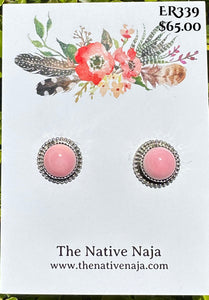 Navajo Esther White Sterling Silver & Pink Queen Conch Shell Post Earrings ER339