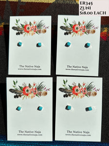 Zuni Mary Ann Neha Sterling Silver & Kingman Turquoise Dainty Post Earrings ER345
