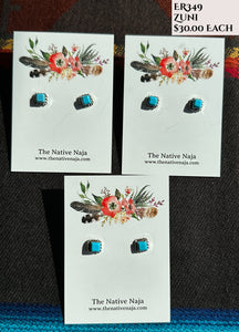 Zuni Mary Ann Neha Sterling Silver & Kingman Turquoise Dainty Post Earrings ER349
