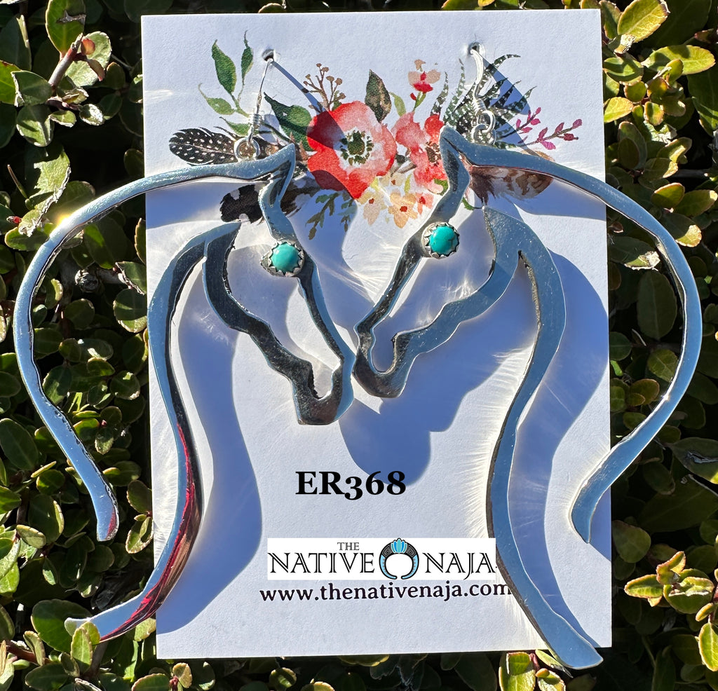 Navajo Robbie Manuelito Large Sterling Silver & Kingman Turquoise Horse Head  French Hook Earrings ER368