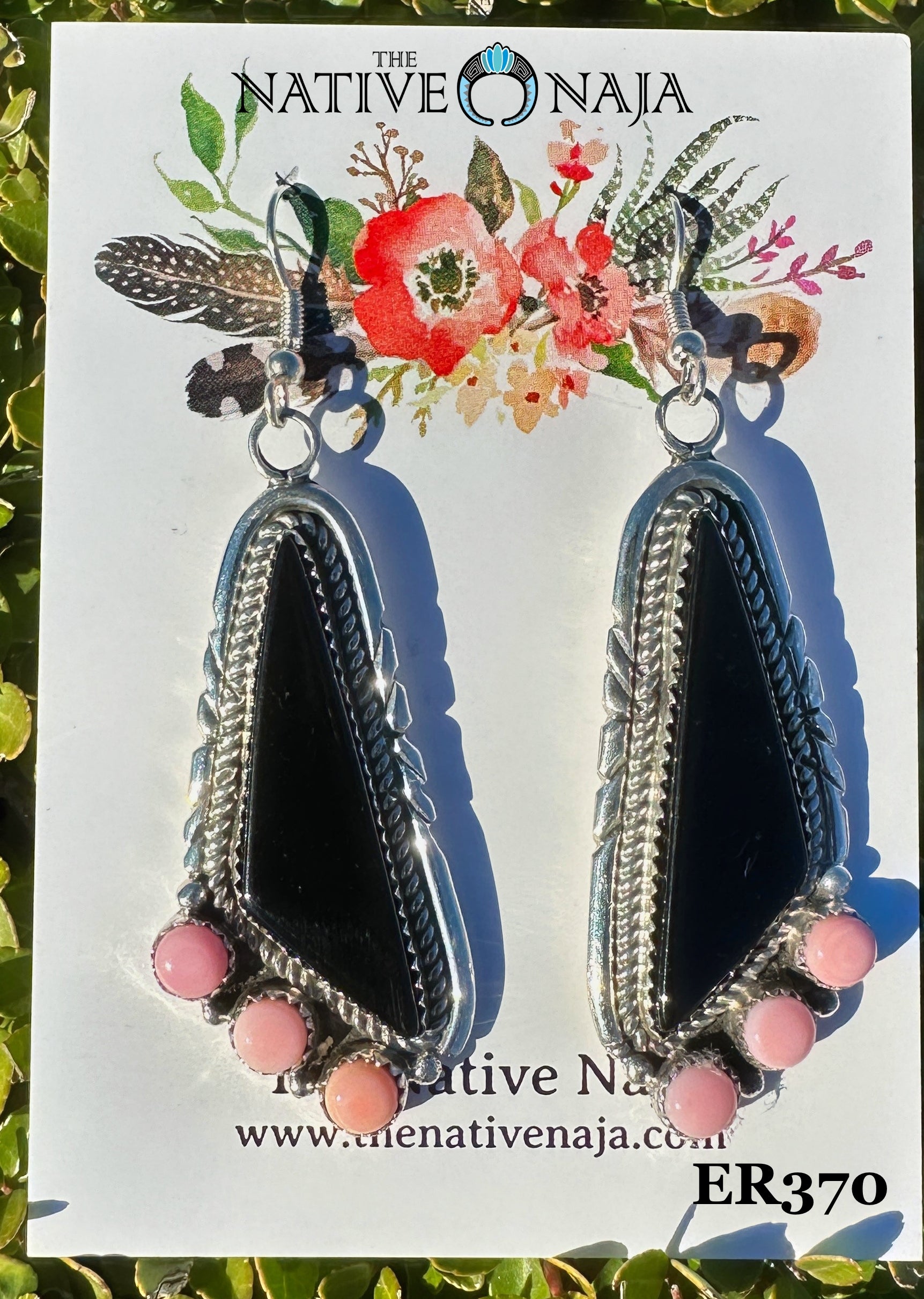 Navajo Leonard Spencer Sterling Silver Black Onyx & Pink Conch French Hook Earrings ER370
