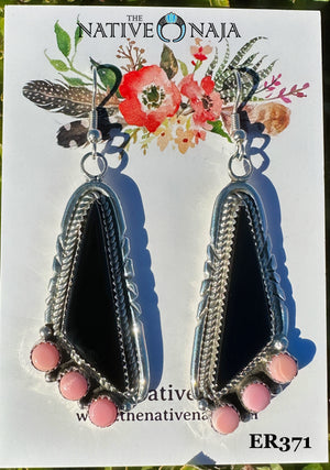 Navajo Leonard Spencer Sterling Silver Black Onyx & Pink Conch French Hook Earrings ER371