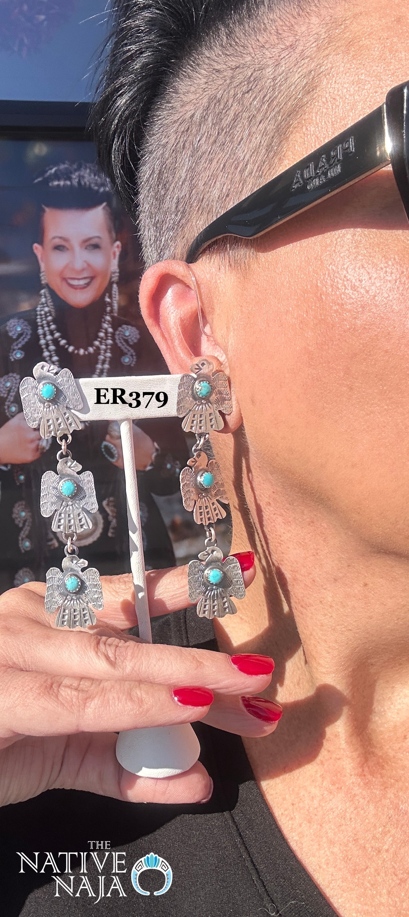 Navajo Gabrielle Yazzie Triple Sterling Silver & Turquoise Thunderbird Post Earrings ER379