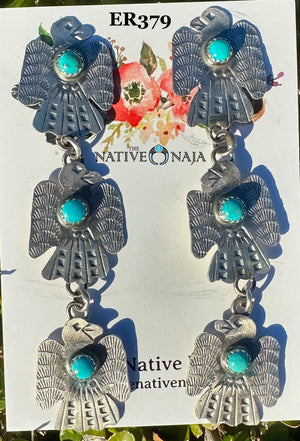 Navajo Gabrielle Yazzie Triple Sterling Silver & Turquoise Thunderbird Post Earrings ER379