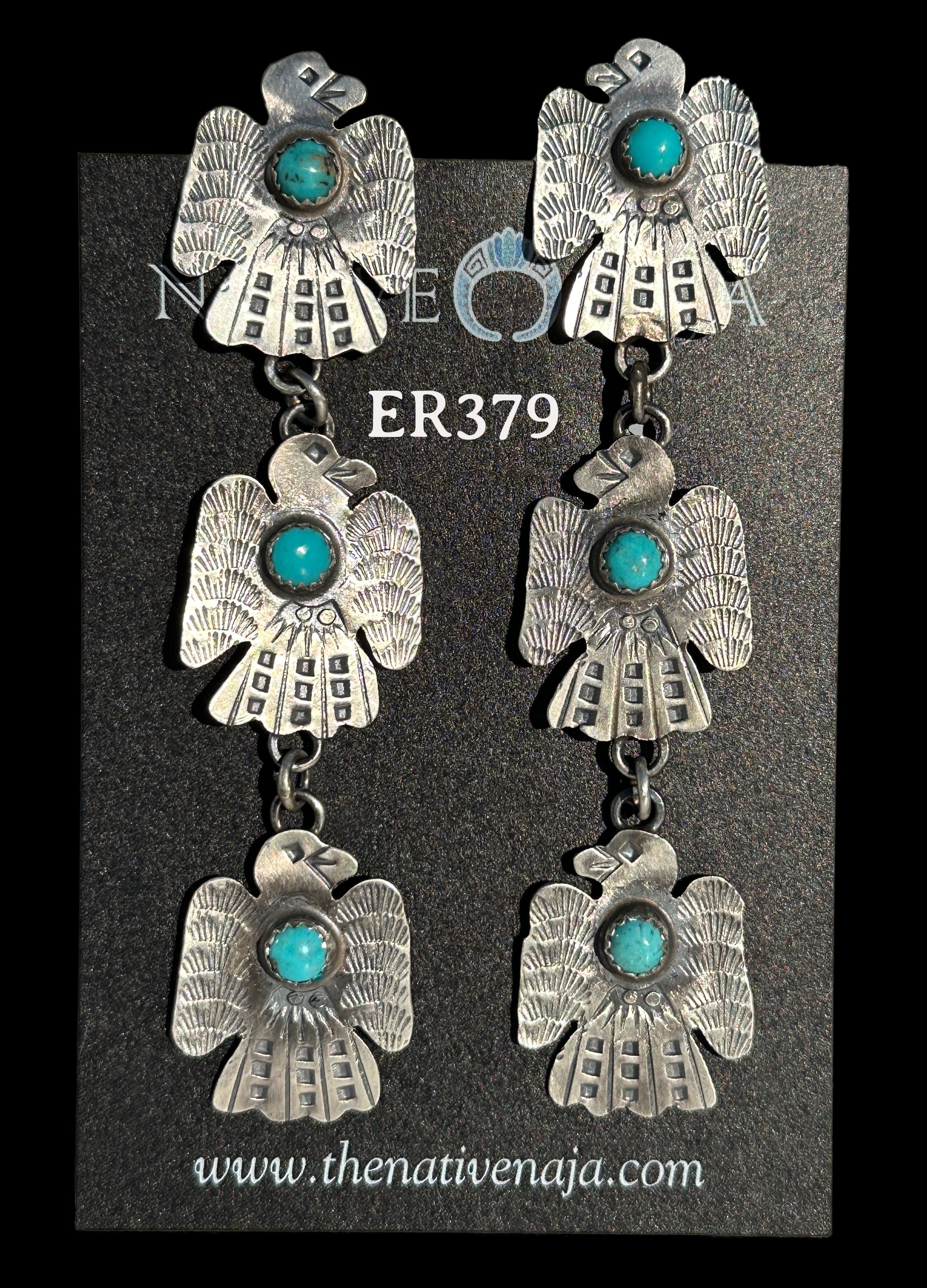 Navajo Gabrielle Yazzie Triple Sterling Silver & Turquoise Thunderbird Post Earrings ER379