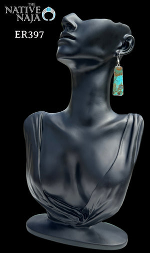 Navajo Artist Veronica Tortalita Composite Turquoise Slab & Sterling Silver Wrapped French Hook Earrings ER397