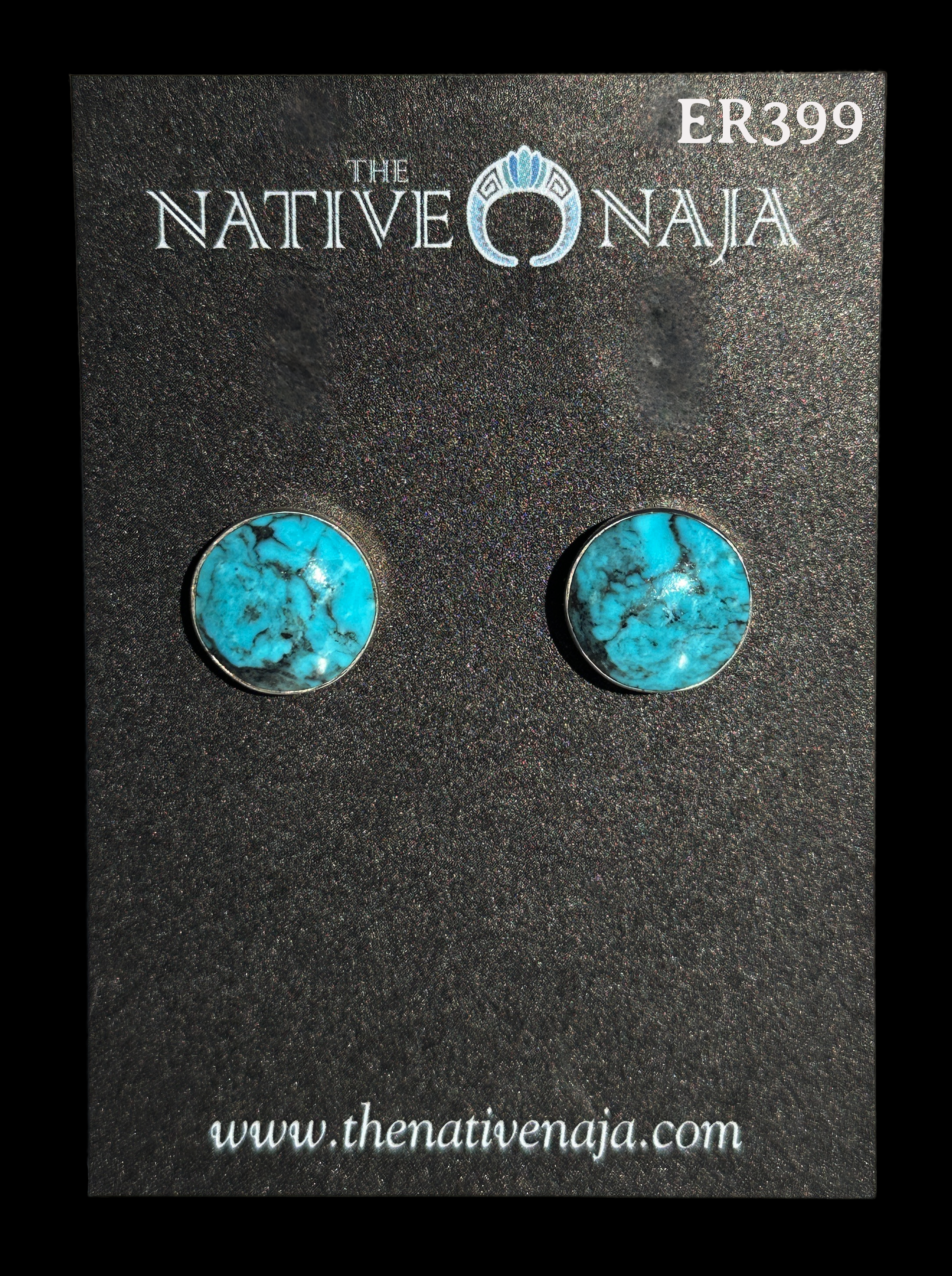 Navajo Artist Signed Sterling Silver & Large Circle Kingman Turquoise Post Earrings ER399