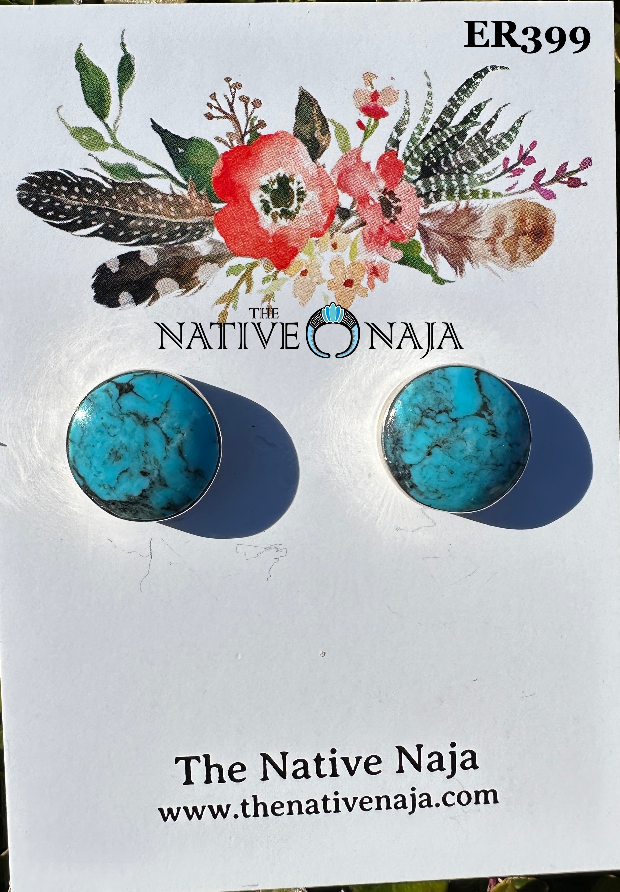 Navajo Artist Signed Sterling Silver & Large Circle Kingman Turquoise Post Earrings ER399