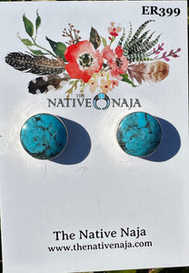 Navajo Artist Signed Sterling Silver & Large Circle Kingman Turquoise Post Earrings ER399