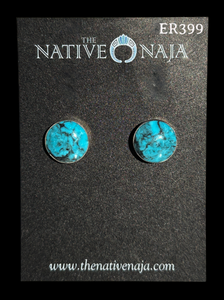 Navajo Artist Signed Sterling Silver & Large Circle Kingman Turquoise Post Earrings ER399