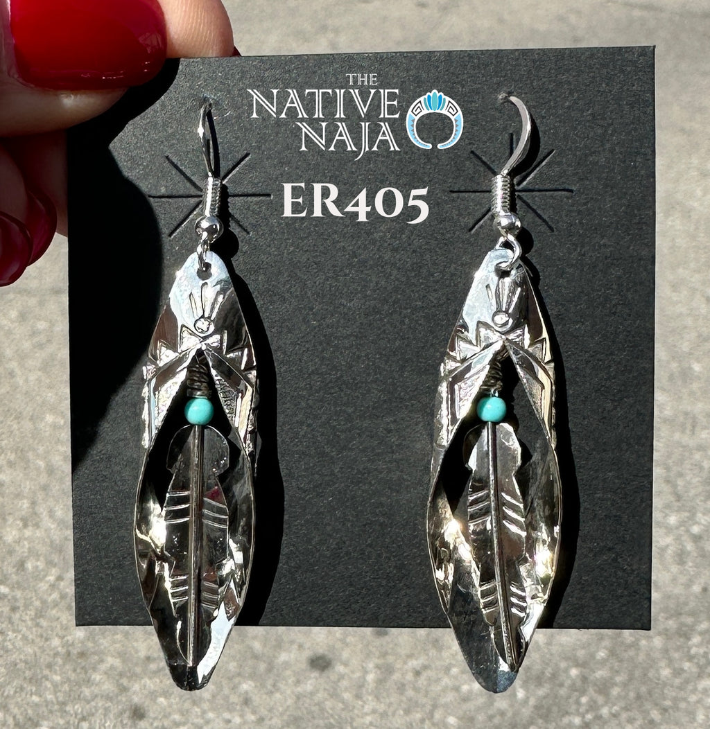 Navajo Artist Delbert Shirley Hand Stamped Sterling Silver Feather inside Leaf Earrings ER405