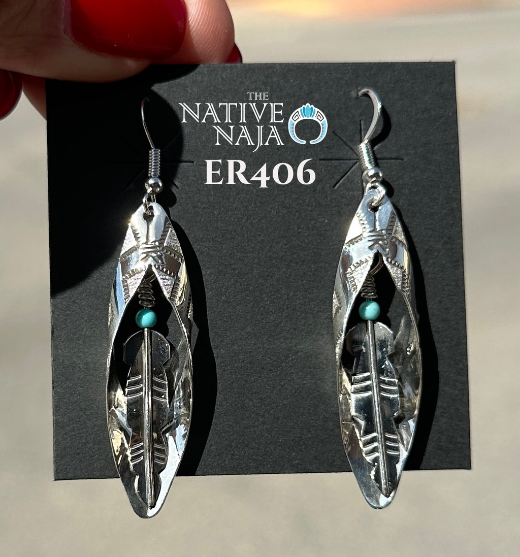 Navajo Artist Delbert Shirley Hand Stamped Sterling Silver Feather inside Leaf Earrings ER406