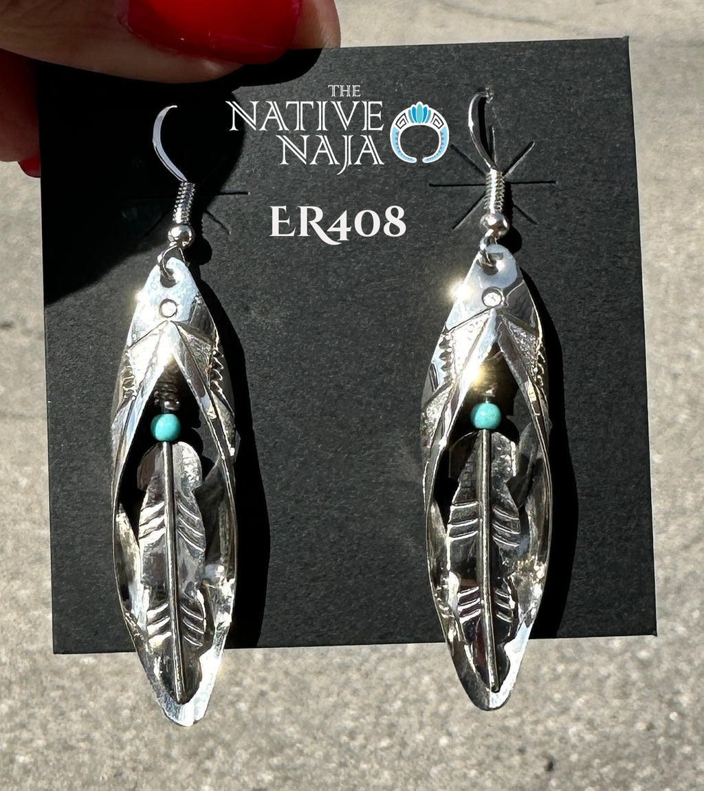 Navajo Artist Delbert Shirley Hand Stamped Sterling Silver Feather inside Leaf Earrings ER408