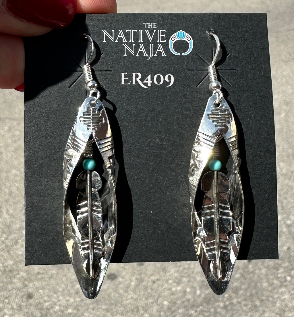 Navajo Artist Delbert Shirley Hand Stamped Sterling Silver Feather inside Leaf Earrings ER409