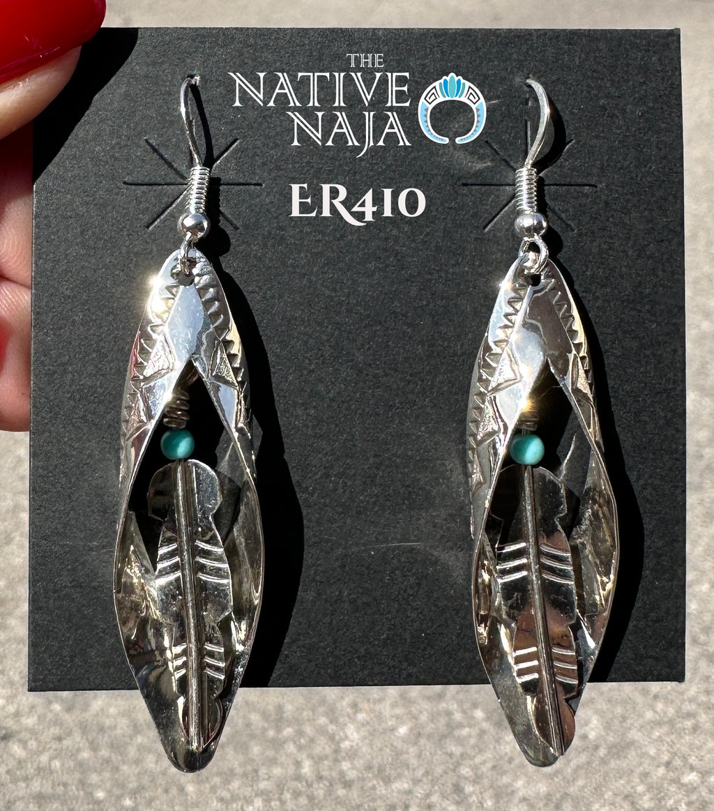 Navajo Artist Delbert Shirley Hand Stamped Sterling Silver Feather inside Leaf Earrings ER410