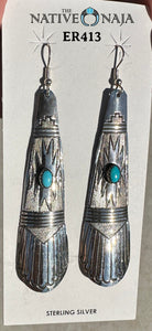 Navajo Rhonda Largo Hand Stamped Large Sterling Silver & Kingman Turquoise Teardrop French Hook Earrings ER413