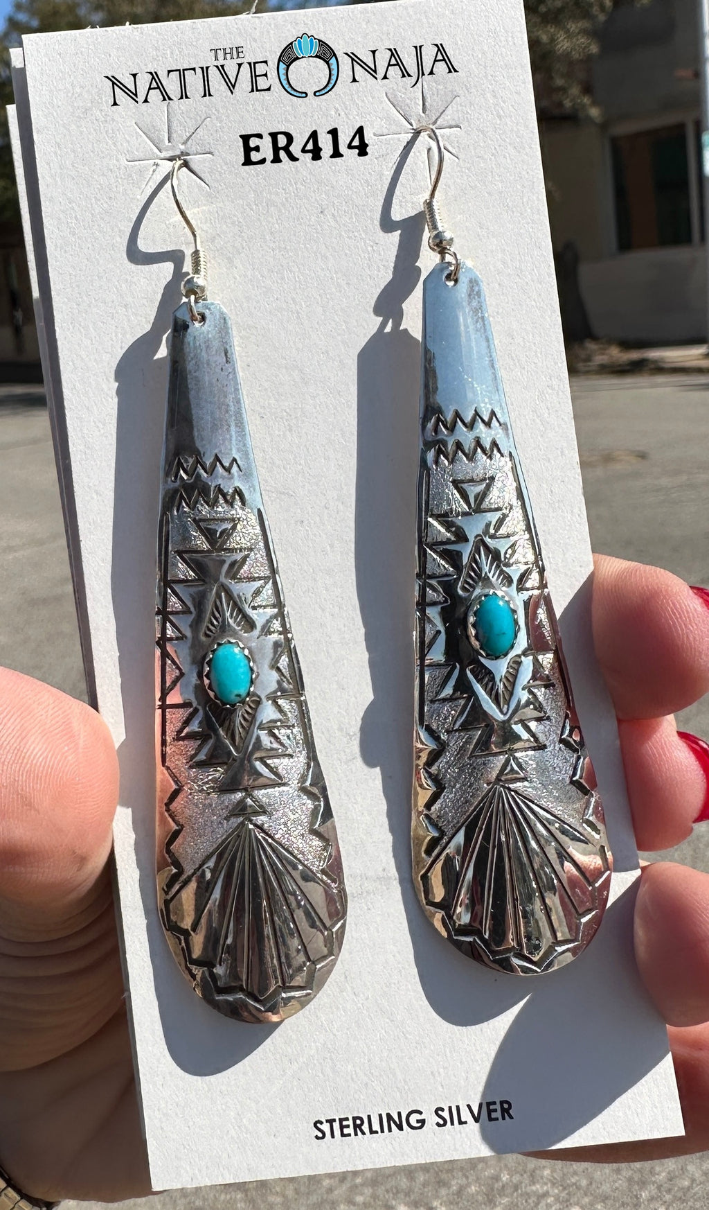 Navajo Rhonda Largo Hand Stamped Large Sterling Silver & Kingman Turquoise Teardrop French Hook Earrings ER414