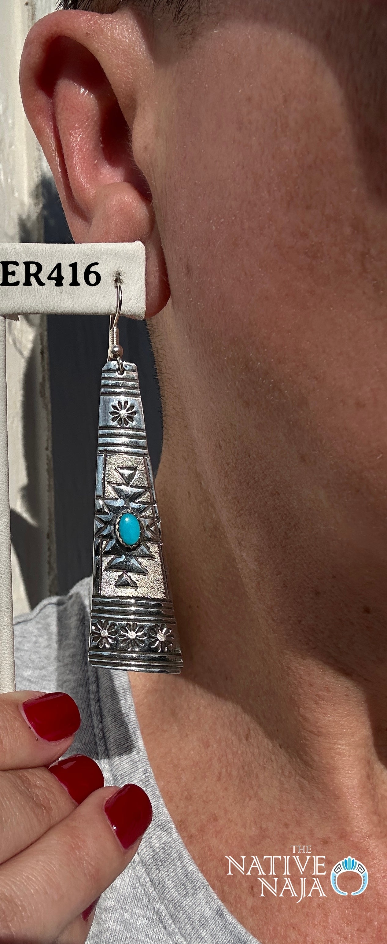 Navajo Rhonda Largo Hand Stamped Large Sterling Silver & Kingman Turquoise Teardrop French Hook Earrings ER416