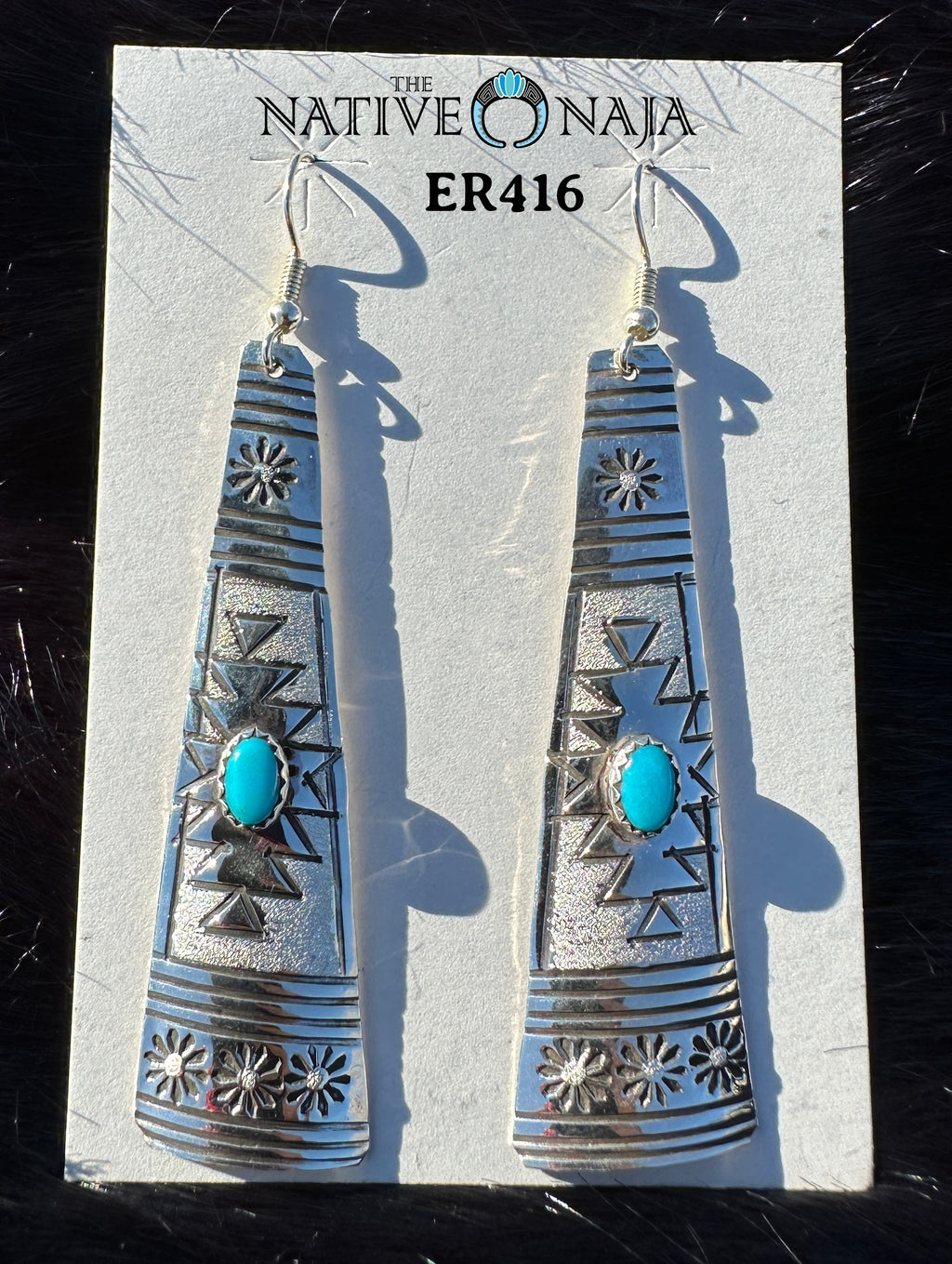 Navajo Rhonda Largo Hand Stamped Large Sterling Silver & Kingman Turquoise Teardrop French Hook Earrings ER416