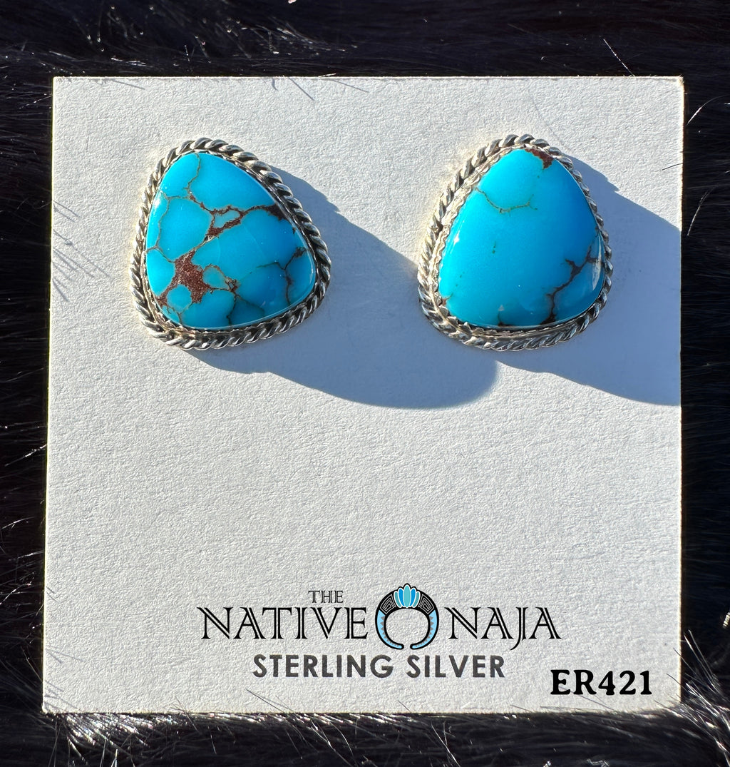 Navajo Artist Virginia Cadman Large Sterling Silver & Rare Egyptian Turquoise Post Earrings ER421