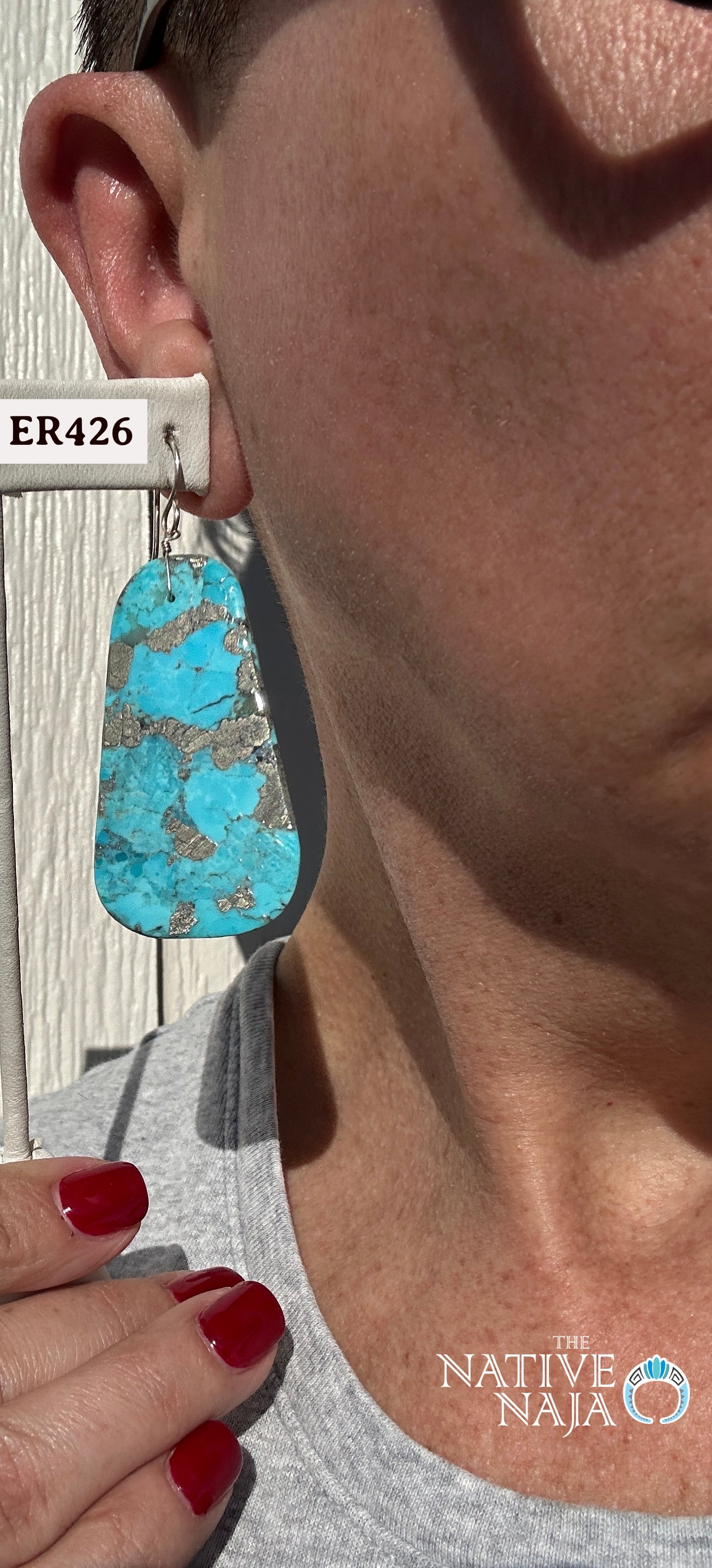 Navajo Artist Marcella Castillo Sterling Silver & Turquoise Slab French Hook Earrings ER426