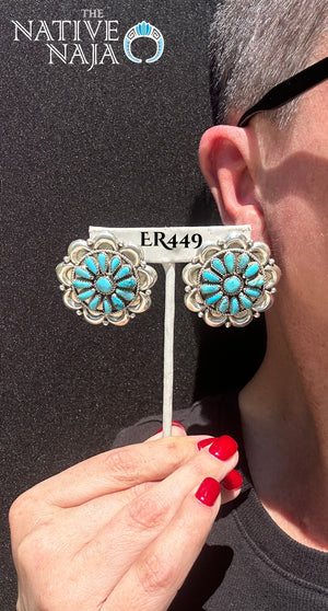 Large Zuni Artist Eunice Wilson Sterling Silver & Petit Point Kingman Turquoise Post Earrings ER449