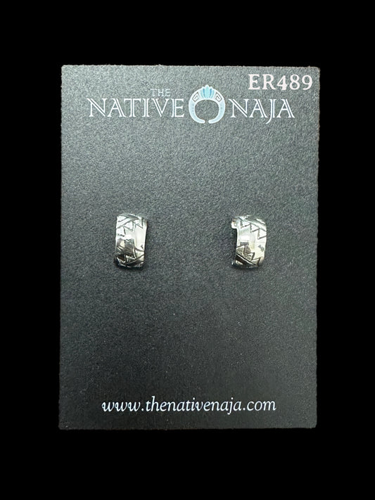 Navajo Florence Tahe Dainty Hand Stamped Sterling Half Hoop Post Earrings ER489