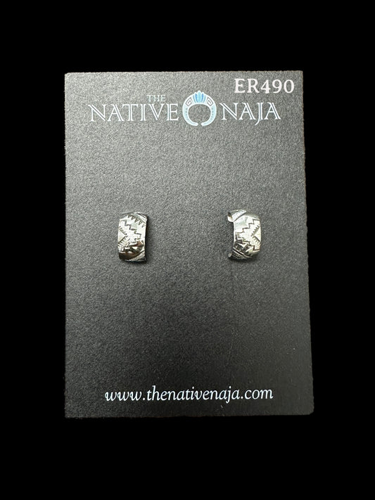 Navajo Florence Tahe Dainty Hand Stamped Sterling Silver Half Hoop Post Earrings ER490