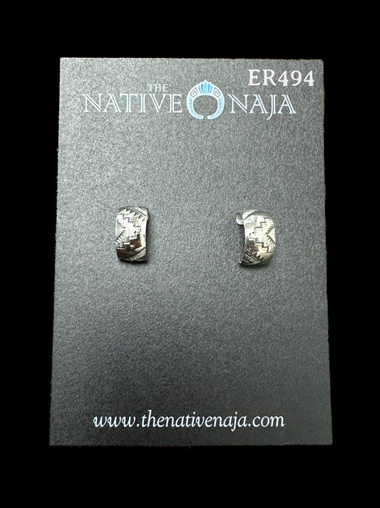Navajo Florence Tahe Dainty Hand Stamped Sterling Silver Half Hoop Post Earrings ER494