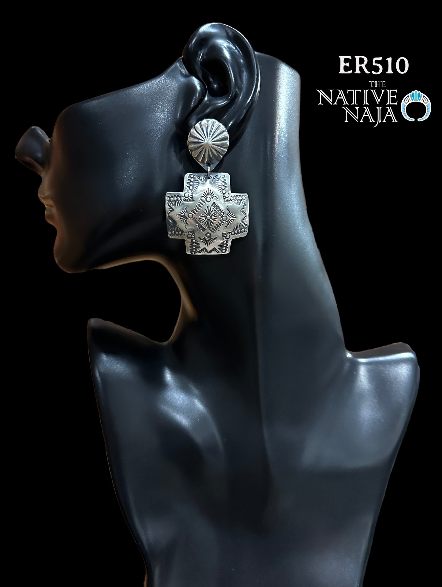 Navajo Vincent Platero Large Cross Hand Stamped Post Concho Earrings ER510