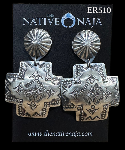 Navajo Vincent Platero Large Cross Hand Stamped Post Concho Earrings ER510