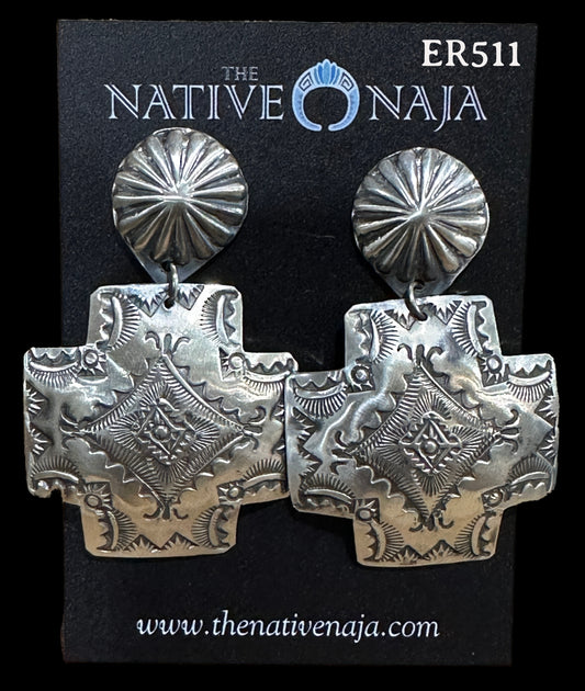 Navajo Vincent Platero Large Cross Hand Stamped Post Concho Earrings ER511
