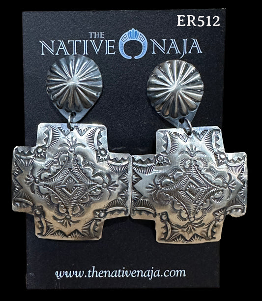 Navajo Vincent Platero Large Cross Hand Stamped Post Concho Earrings ER512