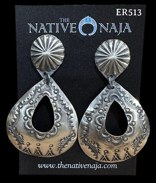 Navajo Vincent Platero Large Hand Stamped Concho Post Dangle Earrings ER513