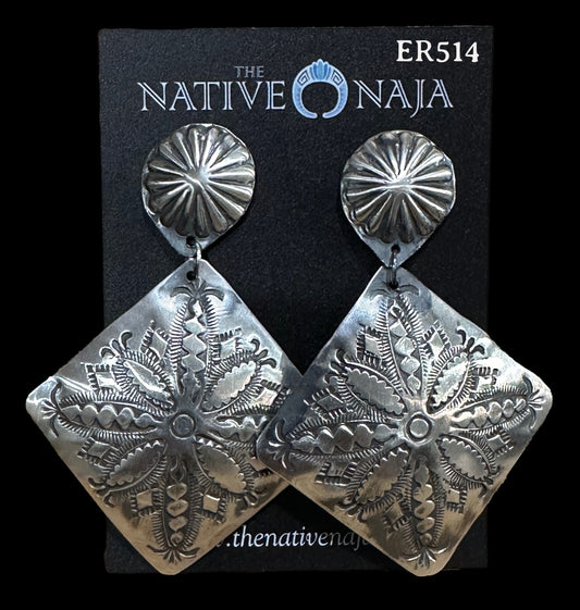 Navajo Vincent Platero Large Hand Stamped Concho Post Dangle Earrings ER514