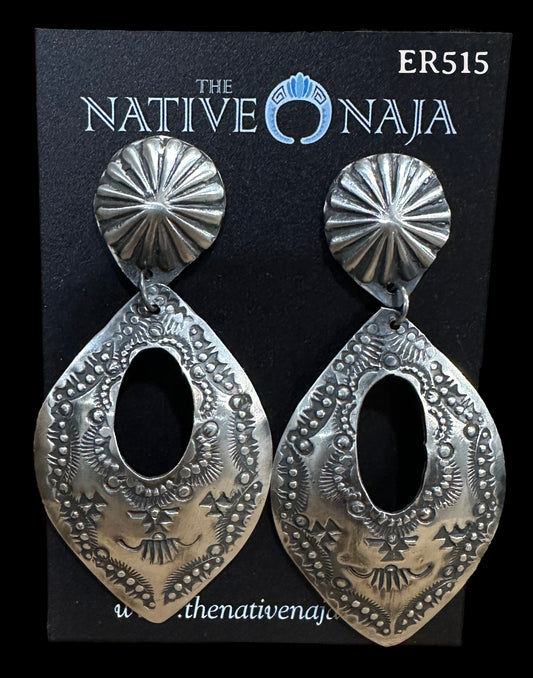 Navajo Vincent Platero Large Hand Stamped Concho Post Dangle Earrings ER515