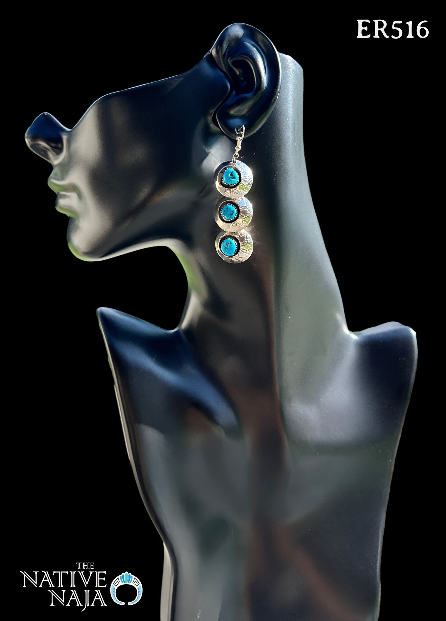 Rare Navajo Lanette Largo Kingman Turquoise and Hand Stamped Pillow Bead French Hook Earrings ER516