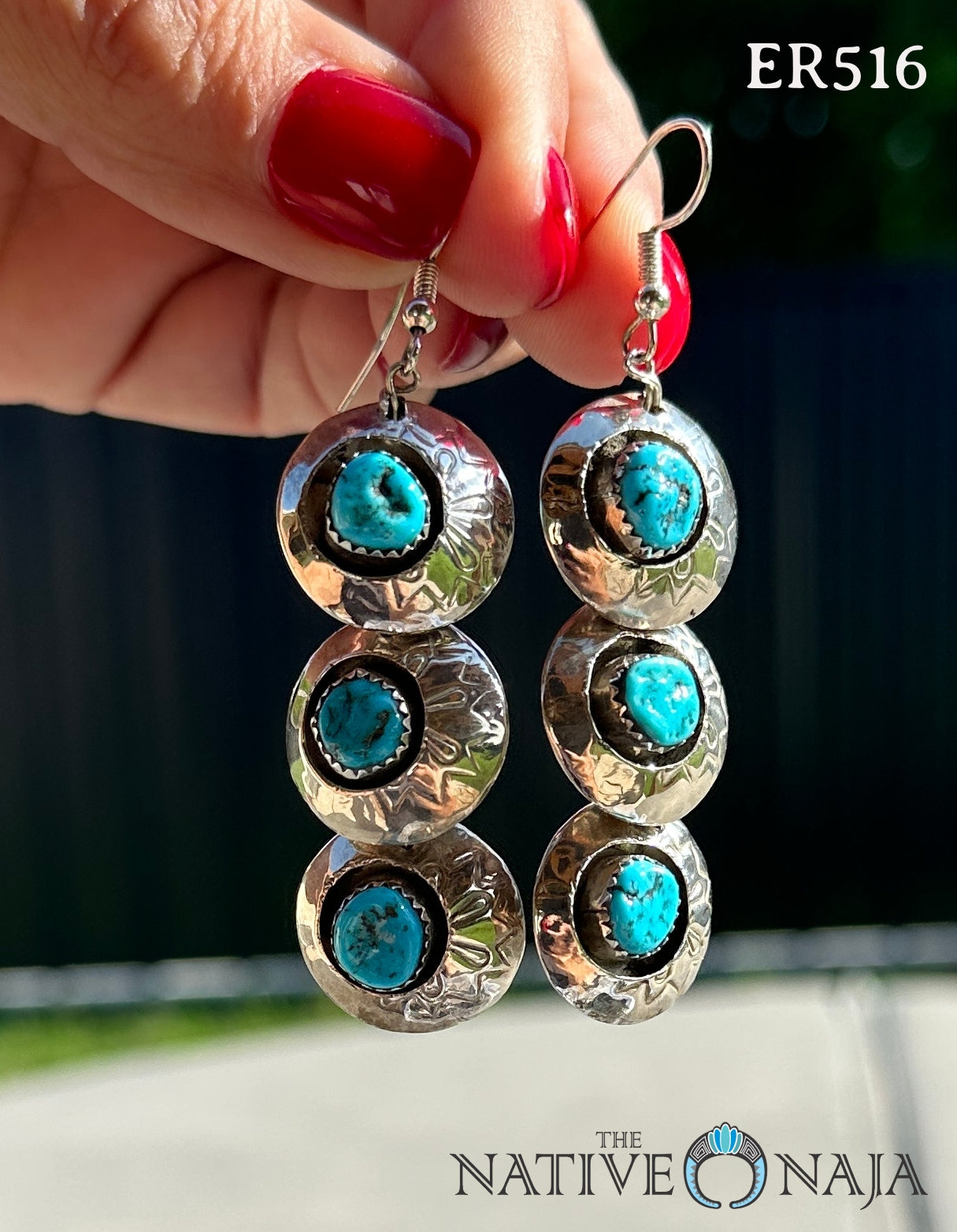 Rare Navajo Lanette Largo Kingman Turquoise and Hand Stamped Pillow Bead French Hook Earrings ER516