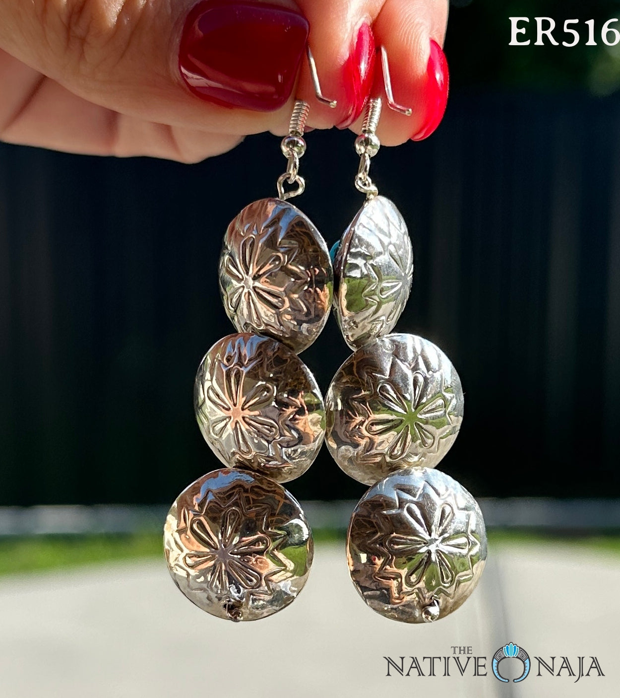 Rare Navajo Lanette Largo Kingman Turquoise and Hand Stamped Pillow Bead French Hook Earrings ER516