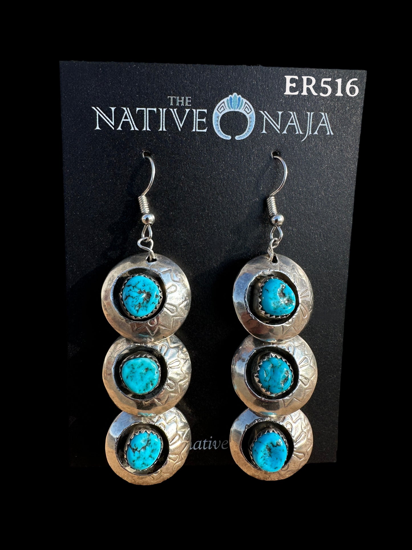 Rare Navajo Lanette Largo Kingman Turquoise and Hand Stamped Pillow Bead French Hook Earrings ER516